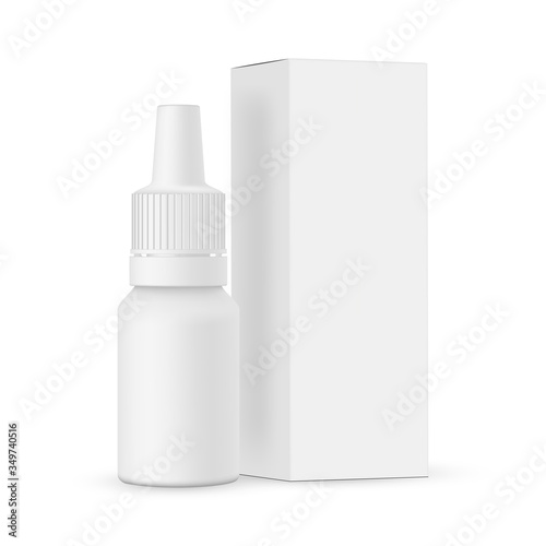 Nasal drops mockup, e-liquid packing bottle with paper box side view, isolated on white background. Vector illustration