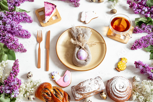 Breakfast or brunch with delicious pastries and Easter cookies.