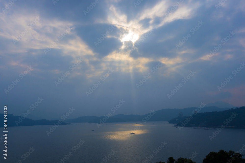 sun ray over Sun Moon Lake, view from Wen Wu Temple viewpoint