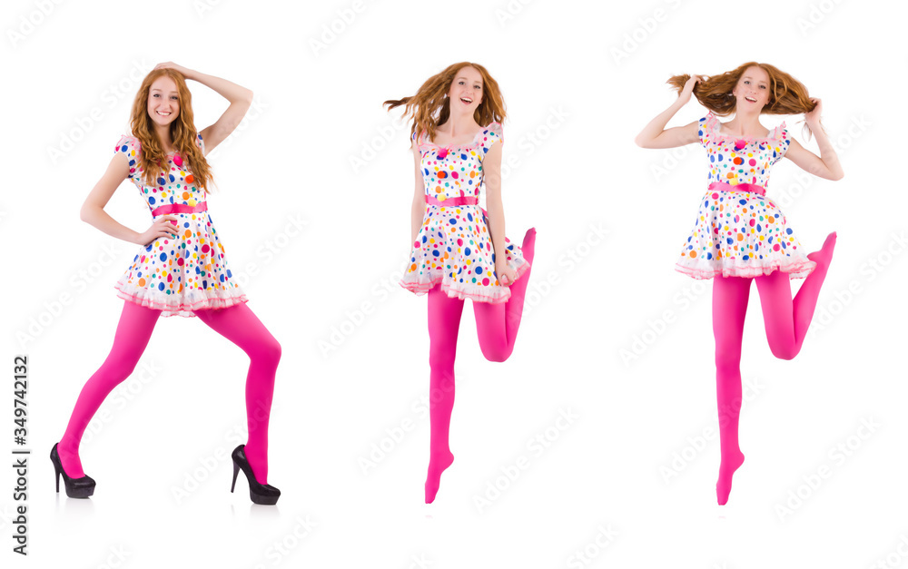 Young model with pink stockings on white Young model with pink stockings on white