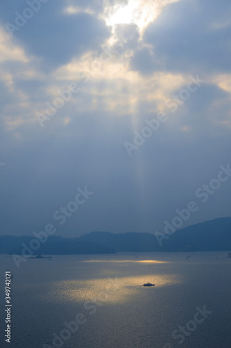 sun ray over Sun Moon Lake, view from Wen Wu Temple viewpoint