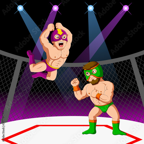 Two men with mask fighting mixed martial arts