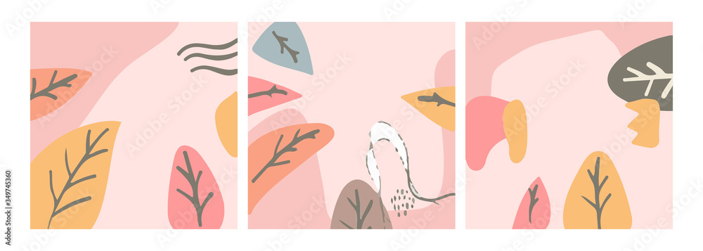 Set of three abstract backgrounds. Hand drawn various shapes and doodle objects. Contemporary modern trendy vector illustrations. Every background is isolated. Pastel colors Set of three abstract backgrounds. Hand drawn various shapes and doodle objects. Contemporary modern trendy vector illustrations. Every background is isolated. Pastel colors