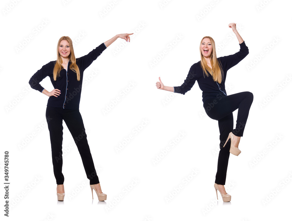 Tall young woman in black clothing isolated on white