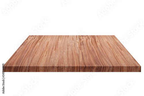 Wooden table surface on green field landscape soft blurry background, of free space for your copy and branding. Use as products display montage. Vintage style concept.