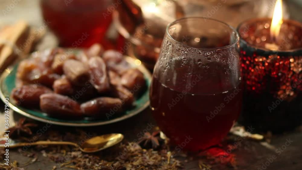 Fasting during Ramadan.Footage of Muslim traditional Iftar food with