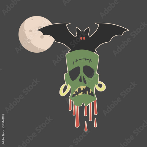 Cartoon of a spooky halloween bat carrying a zombie head in the moonlight. 