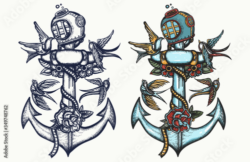 Anchor. Old school tattoo. Roses flowers, ribbon and swallows birds. Sea adventure style. T-shirt design. Black and white and color template