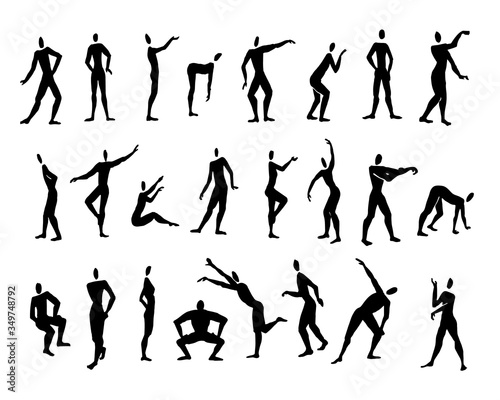 Set with people silhouettes. Vector hand-drawn illustration. The set contains different silhouettes of people in different poses. Vector illustration with people who stand, run, sit, dance. 
