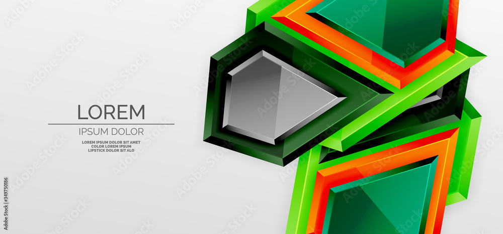 Metal glossy shiny geometric shapes with 3d effect composition. Techno futuristic vector abstract background For Wallpaper, Banner, Background, Card, Book Illustration, landing page