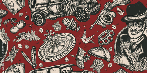 Mafia pattern. Retro crime seamless background. Boss plays saxophone, bandits weapons, retro car, casino, robbers. Criminal, old noir movie background. Gangsters. Traditional tattooing style