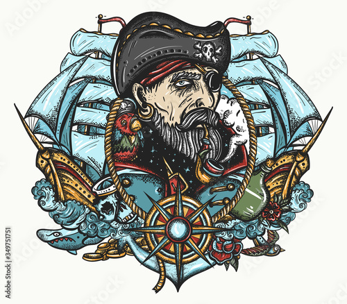 Old captain and pirate ships. Old school tattoo style. Elderly sea wolf smocking pipe, parrot, compass, rope, wave, anchor and skull. Symbol of ocean adventure, treasure island