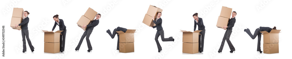 Woman businesswoman with boxes on white