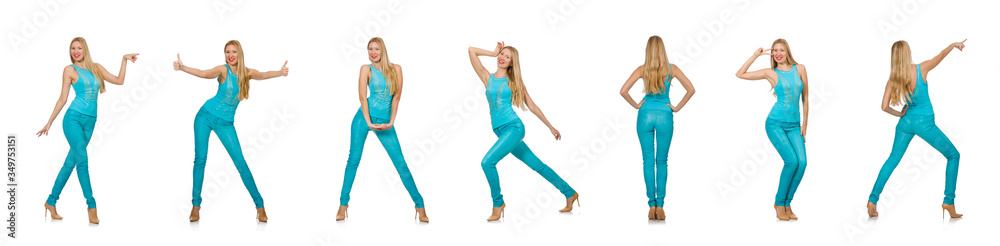 Pretty blond woman in blue pants and shirt isolated on white Pretty blond woman in blue pants and shirt isolated on white