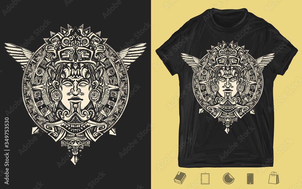 Ancient totem, wings and mayan sun. One color creative print for dark clothes. T-shirt design. Template for posters, textiles, apparels. Mesoamerican mythology. Aztec art. Mexican god