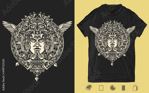 Ancient totem, wings and mayan sun. One color creative print for dark clothes. T-shirt design. Template for posters, textiles, apparels. Mesoamerican mythology. Aztec art. Mexican god