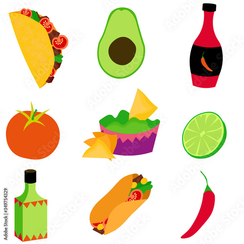 A set of Mexican food. Avocado, chili peppers, burritos, tacos, nachos and other delicious dishes. National cuisine.