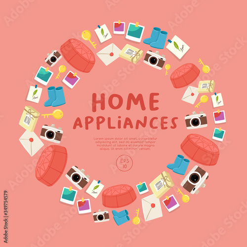 Set of cute home appliances   Card layout   Vector Illustration