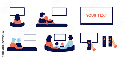 Set of modern isolated vector illustrations. People stay at home, watch TV with their parents, grandparents, children, friends, beloved. Watching news, mass media concept. Empty TV frame for your text