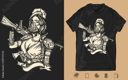Post apocalypse. Soldier woman in gas mask. One color creative print for dark clothes. T-shirt design. Template for posters, textiles, apparels. Dark crime future. Post apocalyptic warrior