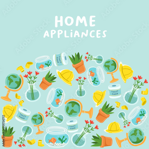 Set of cute home appliances   Card layout   Vector Illustration