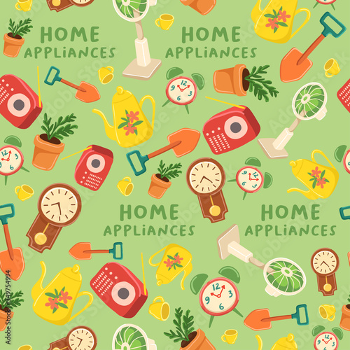 Set of cute home appliances   Seamless Pattern   Vector Illustration