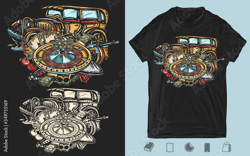 Gangster retro car, roulette wheel, weapons, money, gamblings. Crime film art. Creative print for dark clothes. T-shirt design. Template for posters, textiles, apparels. Criminal noir illustration
