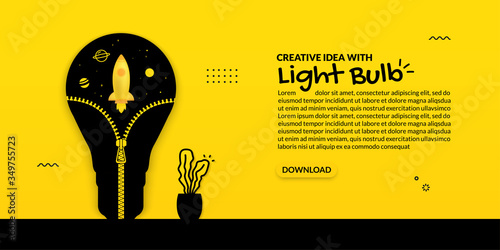 Rocket launch inside light bulb with opening zip, growing idea on yellow background