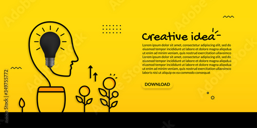 Plant of knowledge with human head and light bulb on yellow background