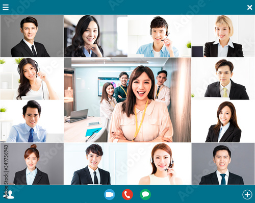 screenshot of smiling business group online brainstorm on video conference