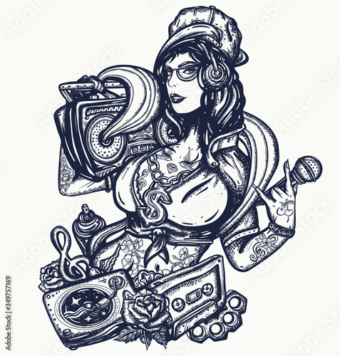 Hip hop girl. Old school music art. Swag lifestyle. Street  break dance. Fashion portrait of modern rap woman in cap. Boom box, audio cassette. Musical tattoo and t-shirt design. Pop culture style