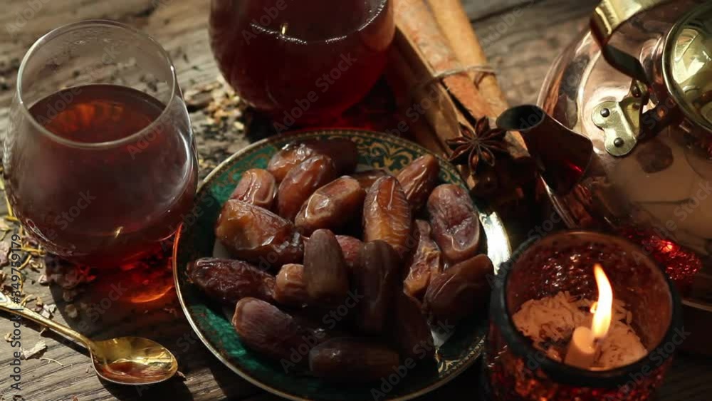 Fasting during Ramadan.Footage of Muslim traditional Iftar food with