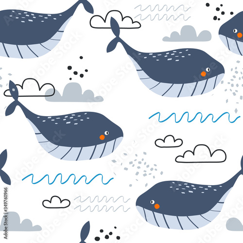 Happy whales, hand drawn seamless pattern. Marine background vector. Colorful illustration, overlapping backdrop. Decorative cute wallpaper, good for printing