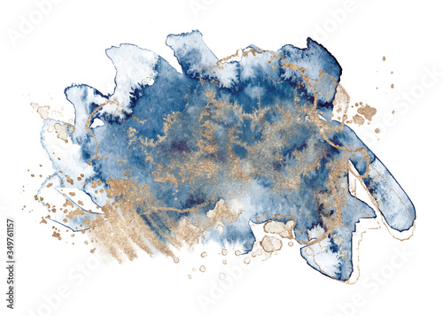 Abstract watercolor blue and gold shapes on white background. Color splashing hand drawn vector