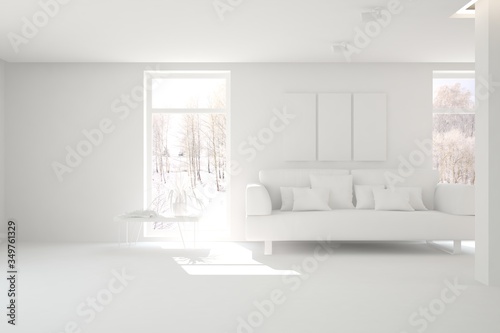 White minimalist living room with sofa. Scandinavian interior design. 3D illustration