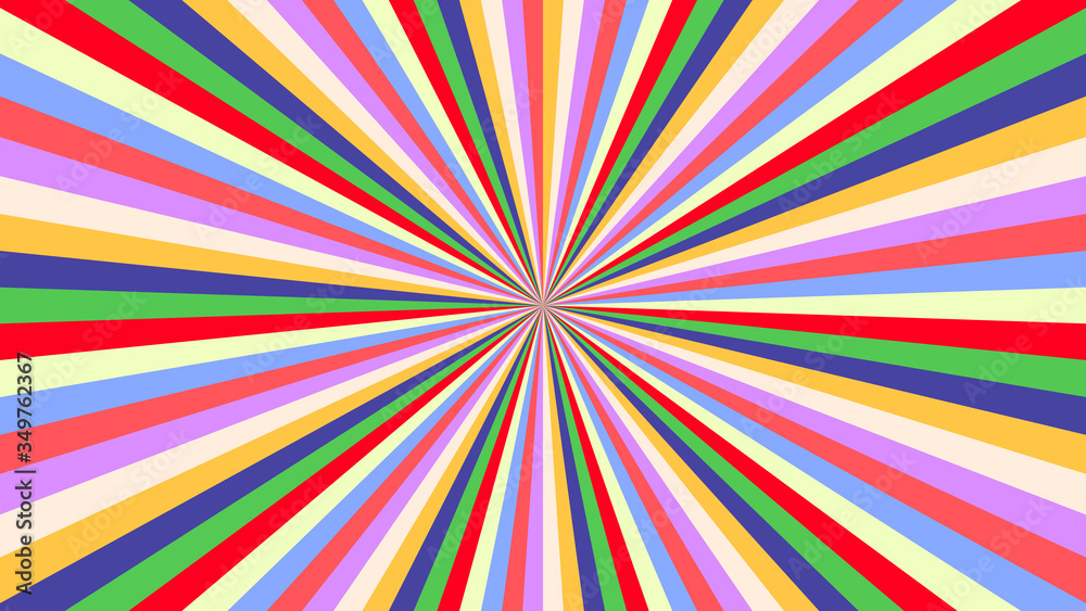 Abstract starburst background with yellow, purple, red, orange, green, blue rays. Banner vector illustration. Abstract starburst background with yellow, purple, red, orange, green, blue rays. Banner vector illustration.