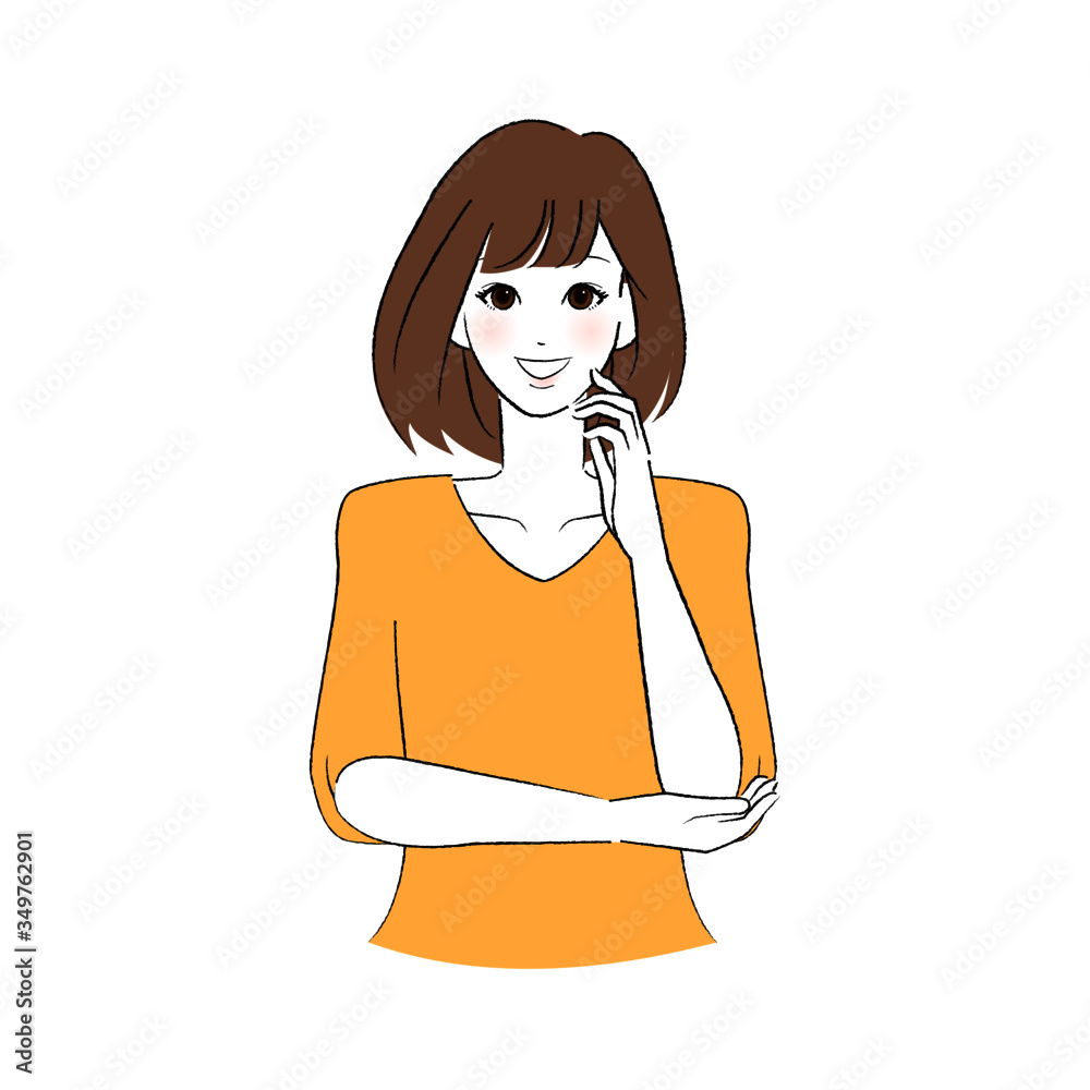 左手を頬にそえて微笑む女性 左手を頬にそえて微笑む女性