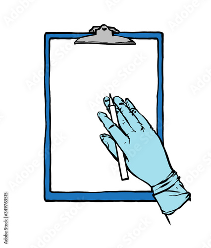 Hand in glove putting the signature on the document. Vector hand drawn illustration on a white background.