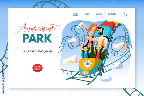 Amusement park sitepage template. Roller coaster ride flat vector illustration. Cheerful children and scared adults cartoon characters. Happy kids with parents having fun on fast attraction.