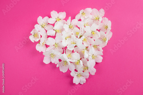 White flowers laid out in the shape of a heart on a bright pink background. The concept of spring, summer, love, holiday, Valentine's Day. Image for banner, postcards. Copyspace.