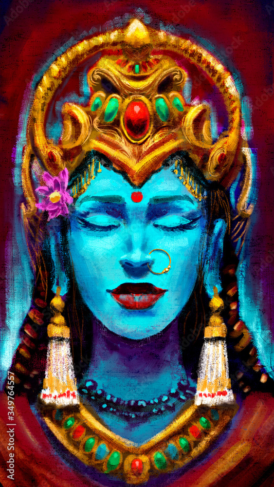 An Indian goddess in the form of a beautiful woman with turquoise skin, adorned with many gold ornaments, her eyes closed in peace. 2D illustration