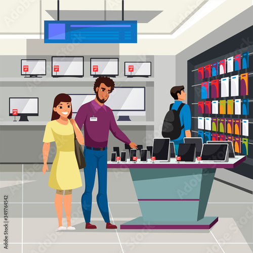 Shop assistant showing phone to woman customer