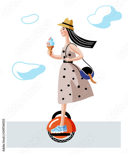 Woman riding monowheel flat vector illustration