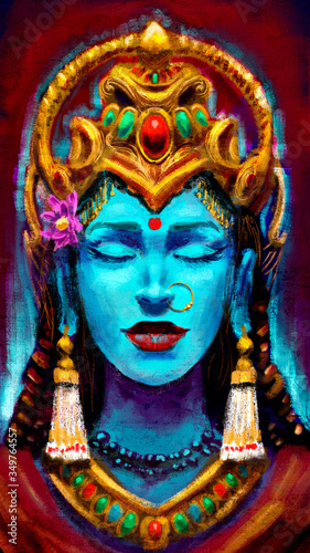 An Indian goddess in the form of a beautiful woman with turquoise skin  adorned with many gold ornaments  her eyes closed in peace. 2D illustration