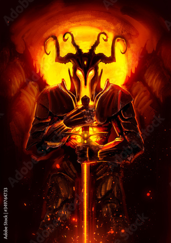 A horned chaos demon in full plate armor, with a sword in his hands, and a bright fiery sun behind him, a fiery glow bursts out of his chest . 2D illustration
