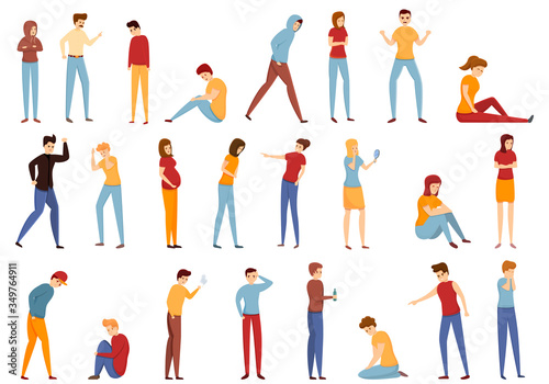 Teen problems icons set. Cartoon set of teen problems vector icons for web design