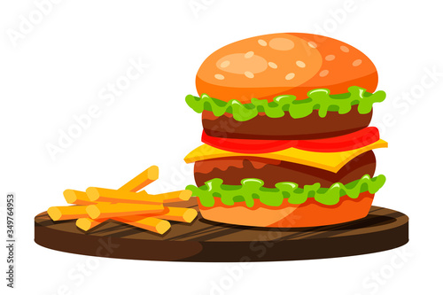Big burger and fries isolated on white background