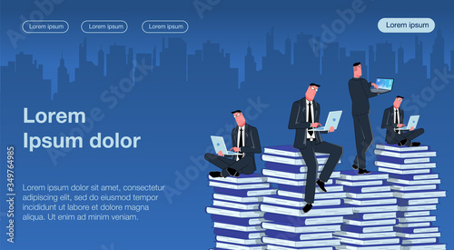 In search of knowledge. Businessmen on the background of the city are sitting on stacks of books and looking for answers to their business questions. Business Vector Concept Illustrator