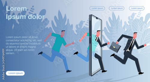 An ordinary guy runs through the phone screen and turns into a successful businessman in a suit and with a case. Business transformation. Business Vector Concept Illustrator