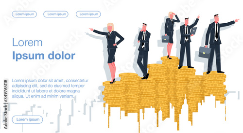 Businessmen and businesswomen stand on coins and decide in which direction to move their business. Business Vector Concept Illustrator